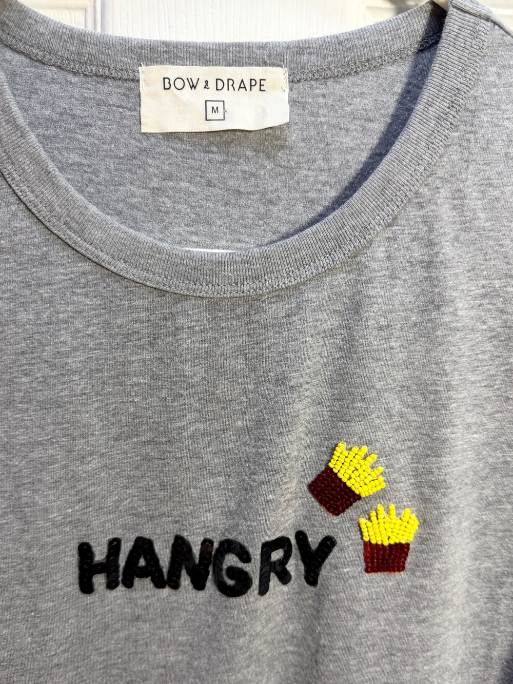 Bow & Drape Women’s Gray "Hangry" Tee with Fries Embroidery - Picture 2 of 4